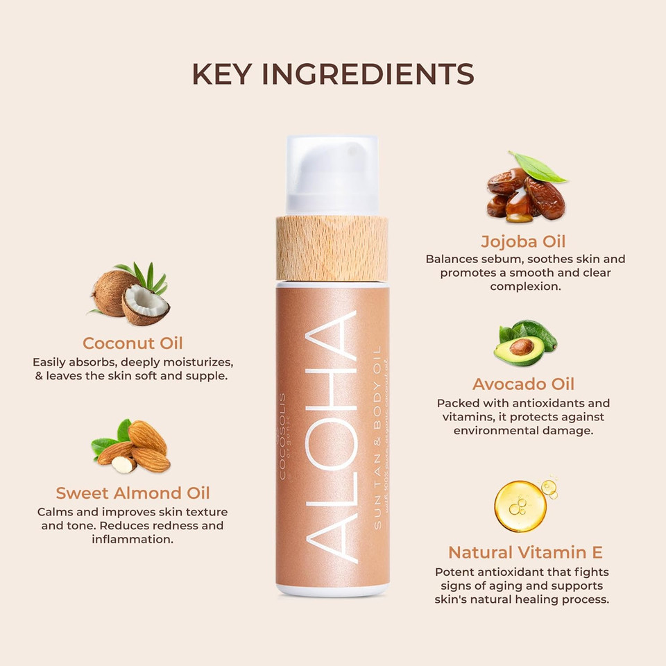 Cocosolis Aloha Sun Tan & Body Oil Xl | Organic Tanning Bed Lotion | Get Healthy Deep Chocolate Tan | Tanning Accelerator With 5 Precious Oils To Make Your Skin Glowing & Revitalized