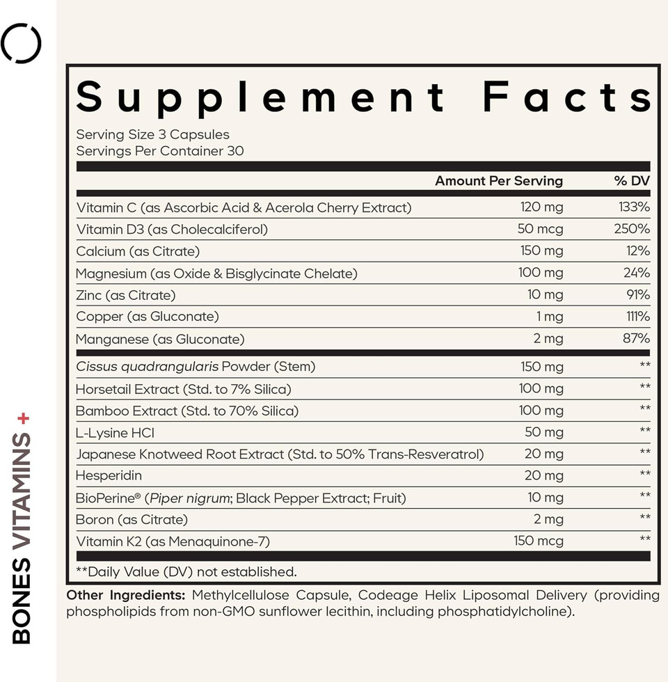 Codeage Bones Vitamins+ - Vitamin D3 & K2, Vitamin C, Calcium, Magnesium, Zinc, Hesperidin, L-Lysine, Manganese, Bamboo, Horsetail, Cissus, Boron, Trans-Resveratrol, Non-Gmo Supplement - 90 Capsules