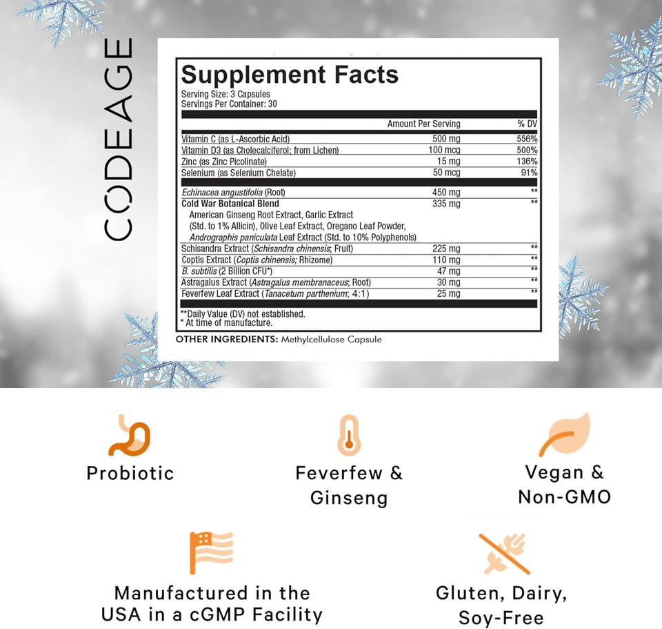 Codeage Clearhead Echinacea+ Supplement - Echinacea, Schisandra, Feverfew, Coptis, American Ginseng, Astragalus, Garlic, Probiotics, Vitamins C & D3, Zinc, Selenium - Clear Head Vitamin - 90 Capsules