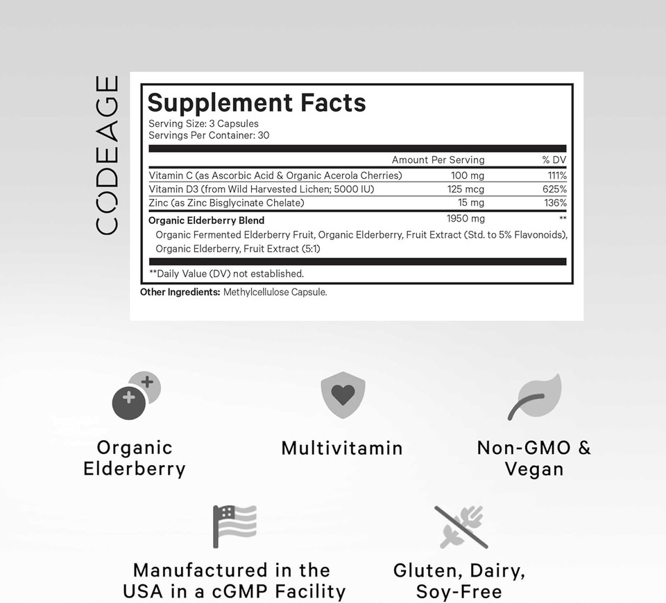 Codeage Elderberry Vitamins - Organic Fermented Elderberry Blend, Vitamin C From Ascorbic Acid & Organic Acerola Cherries, Vitamin D3, Zinc, Sambucus Berries - 90 Capsules