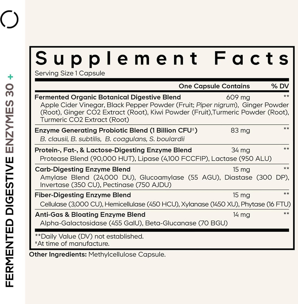 Codeage Fermented Digestive Enzymes Supplement - 14 Digestive Enzymes, Probiotics, Prebiotics, Fermented Botanicals, Plant-Based Multi Pancreatic Enzymes - 1 Capsule A Day - 30 Capsules