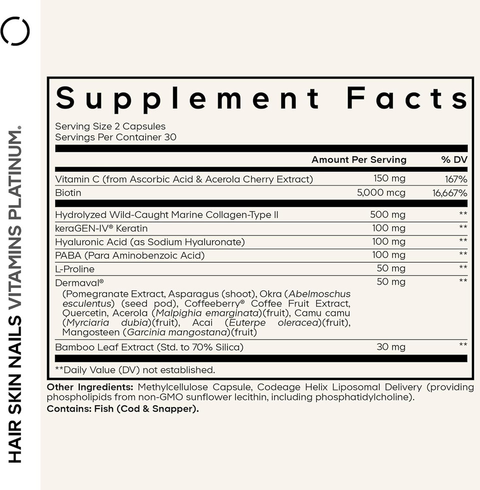 Codeage Hair Skin Nails Vitamins Platinum - Keragen-Iv Keratin, Dermaval - Hair Fall, Skin Elasticity & Moisture Support - Biotin 5000, Collagen, Vitamin C, Coffeeberry, Paba Supplement - 60 Capsules