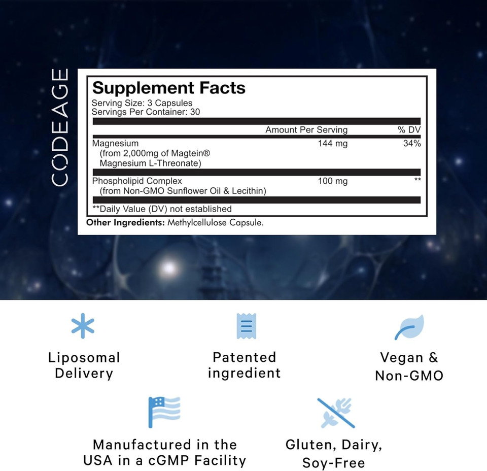 Codeage Liposomal Magnesium L-Threonate Supplement, Patented Magtein Magnesium Threonate For Brain Health, Memory And Cognitive Function Support, Bioavailable, Non-Gmo - 90 Capsules