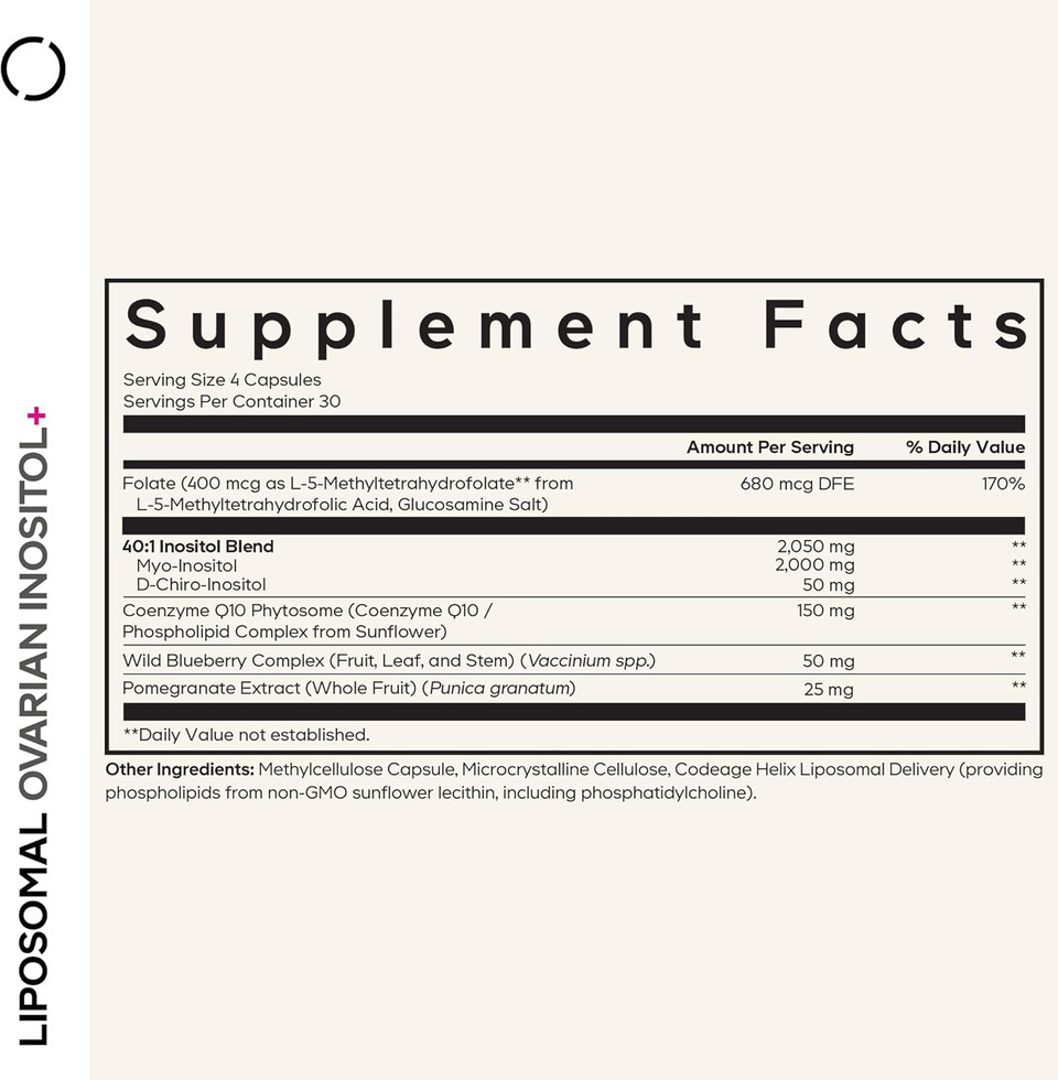 Codeage Liposomal Ovarian Inositol+ Supplement - Myo-Inositol & D-Chiro-Inositol 40:1 Blend, Folate 5-Mthf, Coq10, Pomegranate & Wild Blueberry, Liposomal Delivery, Non-Gmo, Gluten-Free - 120 Capsules