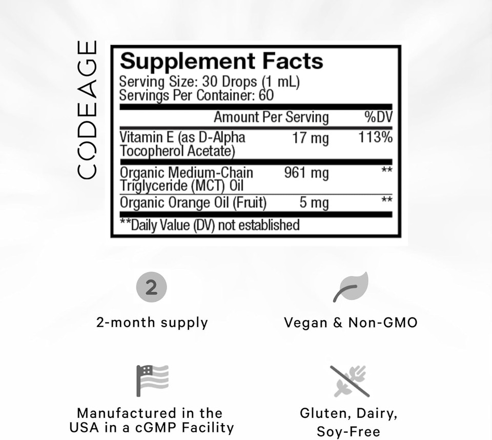Codeage Liquid Vitamin E+ - Usda-Certified Organic Vitamin E - 2-Month Supply - D-Alpha Tocopherol Acetate, Organic Mct Oil, Organic Orange Fruit Oil, Unflavored, Non-Gmo, Vegan, Gluten-Free, 2 Fl Oz