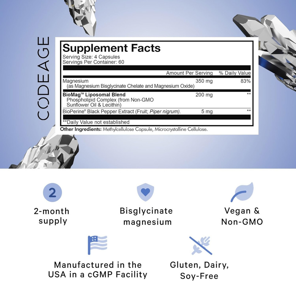 Codeage Magnesium Glycinate Powder Supplement, 2-Month Supply, Bisglycinate Magnesium Chelate, Unflavored, Liposomal Delivery, Chelated Magnesium Powder Mineral, Non-Gmo Vegan, 3 Oz