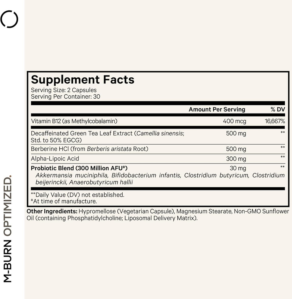 Codeage M-Burn Optimized Supplement - Decaffeinated Green Tea Std. To 50% Egcg, Berberine, Akkermansia, Vitamin B12 - Probiotics - Vitamins - 60 Capsules