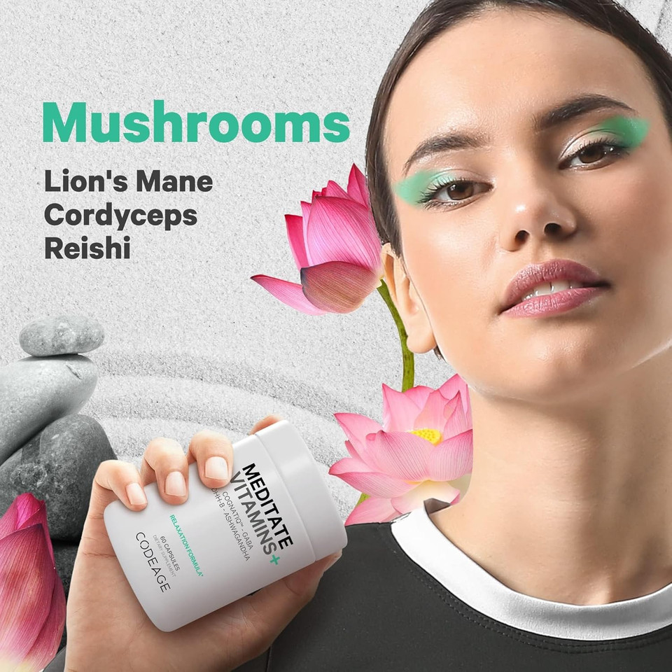 Codeage Meditate Vitamins+ Supplement - Cognatiq, Dhh-B, Gaba, Ashwagandha, Organic Mushrooms, Blueberries - Bdnf Brain Pills And Neuroprotein - Vegan, Non-Gmo, Gluten-Free - 60 Capsules