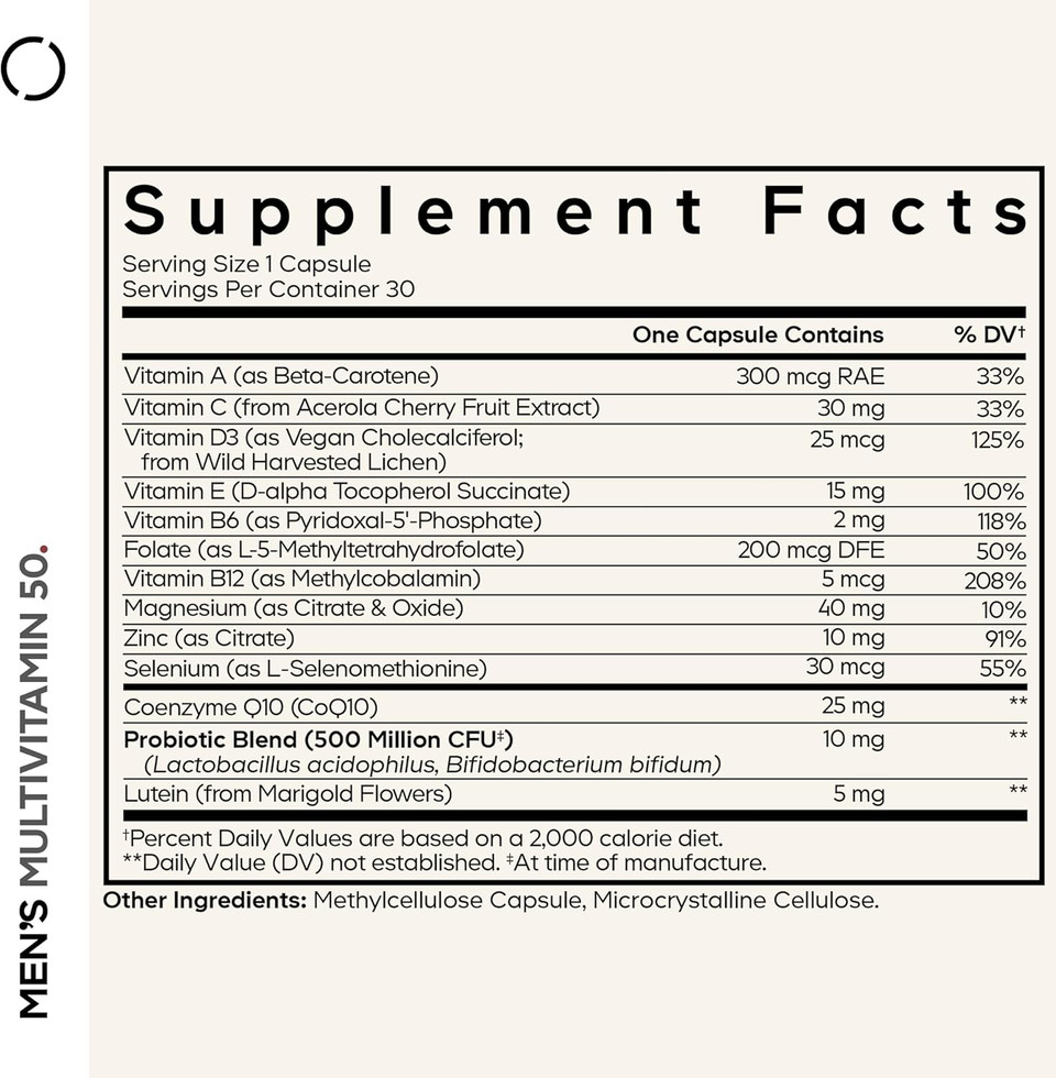 Codeage Men'S Multivitamin 50 - Essential Vitamins & Minerals For Men Over 50 - Daily Multivitamins For Men Supplement - Vitamin A, C, D3, E, B6, B1, Coq10, Probiotics, Lutein - Non-Gmo - 30 Capsules
