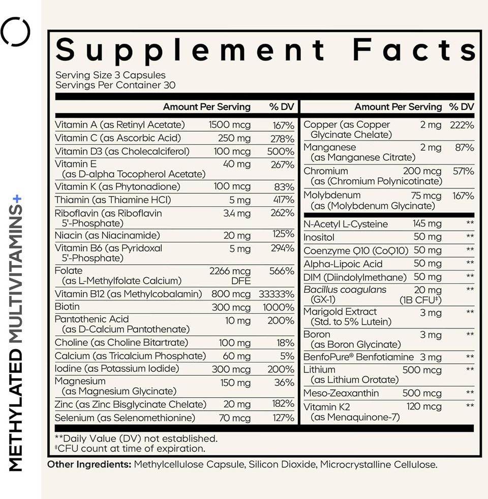 Codeage Methylated Multivitamin Supplement - B-Vitamin, Vitamins A, C, D, E, K2, B12 Methylcobalamin - L-Methylfolate - Magnesium, Coq10, Dim, Probiotics, Benfotiamine, Lithium, Calcium - 90 Capsules