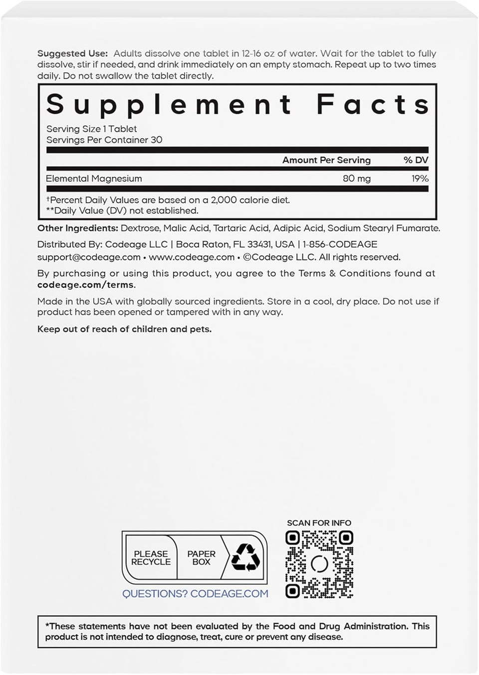 Codeage Molecular Hydrogen Supplement - Fast-Dissolving 12 Ppm Hydrogen Water Tablets With Elemental Magnesium - Hydration Tablet Body Function - Unflavored, Vegan, Non-Gmo, Gluten-Free - 30 Tablets