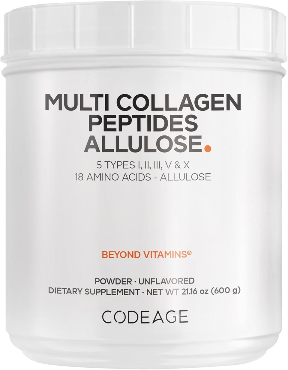 Codeage Multi Collagen Peptides Powder + Allulose - 5 Types - Grass-Fed Collagen - Rare Sugar Allulose Supplement - 0 Calorie Sweetener & 0 Carbs - 18 Amino Acids - Unflavored - Non-Gmo - 30 Servings
