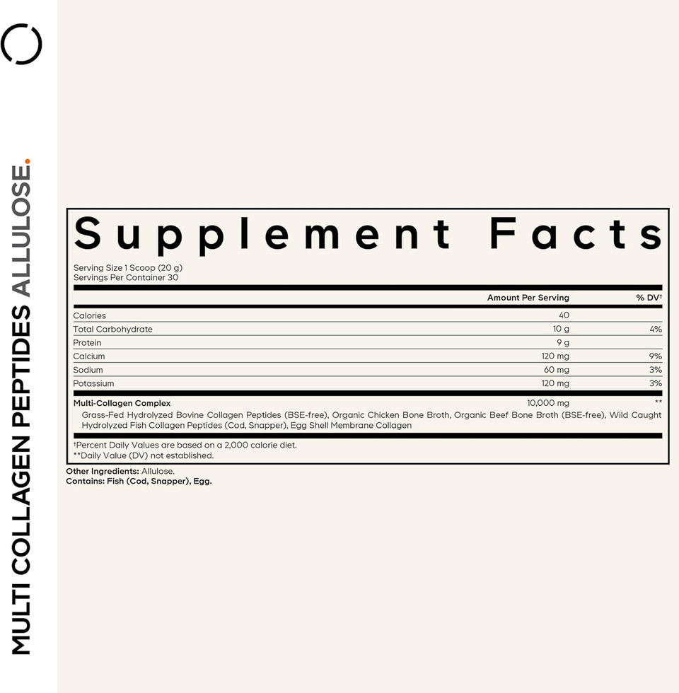 Codeage Multi Collagen Peptides Powder + Allulose - 5 Types - Grass-Fed Collagen - Rare Sugar Allulose Supplement - 0 Calorie Sweetener & 0 Carbs - 18 Amino Acids - Unflavored - Non-Gmo - 30 Servings