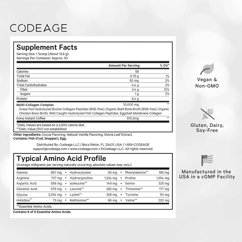 Codeage Multi Collagen Peptides Protein Powder - Chocolate Mocha Instant Coffee - Gourmet Knoa Coffee Drink & Shake - Collagen Type I, Ii, Iii, V & X - Grass-Fed, Hydrolyzed, Non-Gmo - 14.39Oz