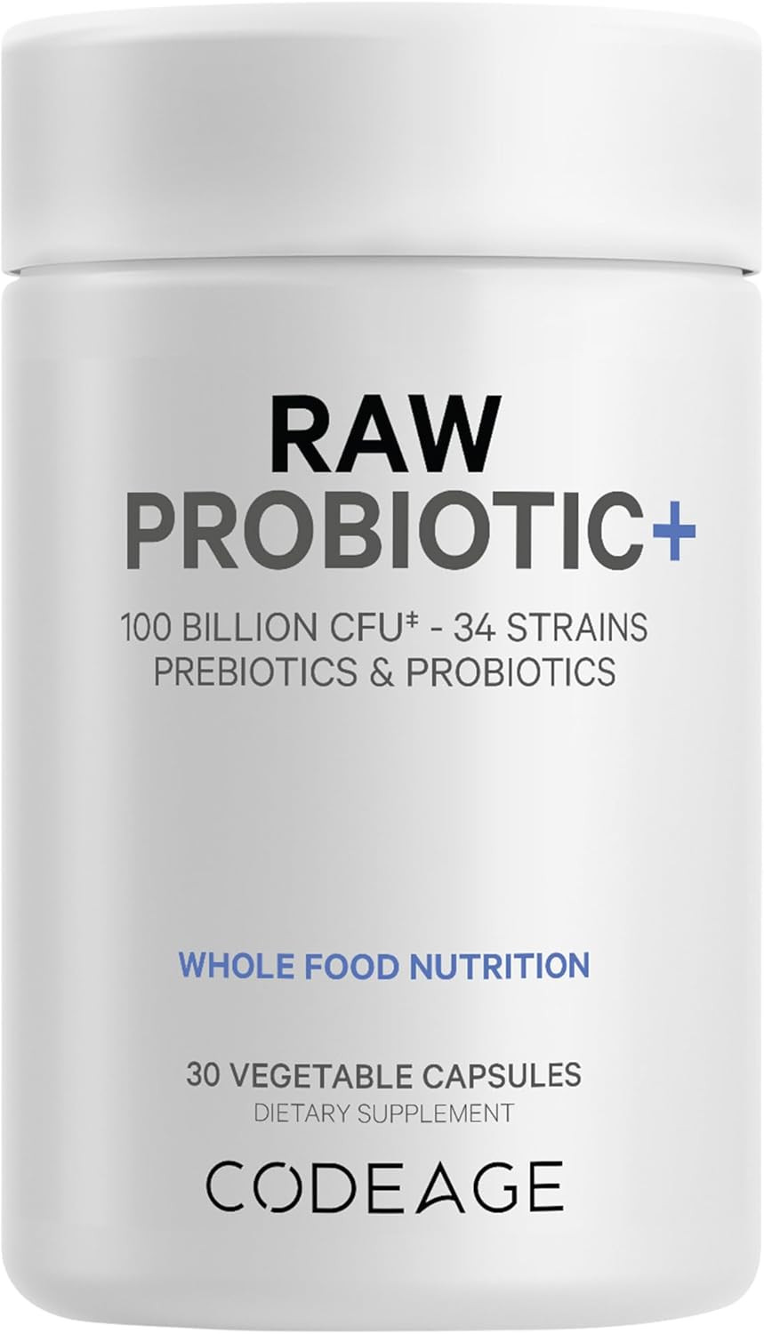 Codeage Raw Probiotic+ Supplement - 34 Probiotic Strains, 100 Billion Cfus, Raw Whole Food Probiotics, Digestive Enzymes, Raw Fruits & Veggies Prebiotics - Wild Kefir Culture - Non-Gmo - 30 Capsules