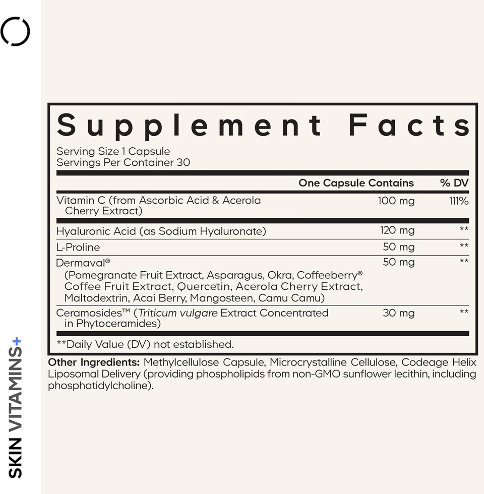 Codeage Skin Vitamins+ Supplement  Ceramosides, Dermaval, Hyaluronic Acid, Coffeeberry, Vitamin C  Skin Elasticity, Wrinkle & Moisture Support  Liposomal Delivery  Non-Gmo, 30 Capsules