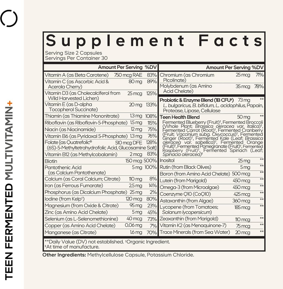 Codeage Teen Multivitamin Supplement  Daily Vitamins And Minerals For Teen Boys And Girls  Organic Whole Food Formula With Omega-3 And Vitamins A To K - 60 Capsules