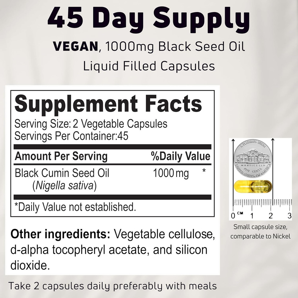 Cold Pressed Black Seed Oil Capsules 1000Mg, 45 Servings - Vegan, Non-Gmo, Gluten Free, Gelatin Free Black Seed Oil