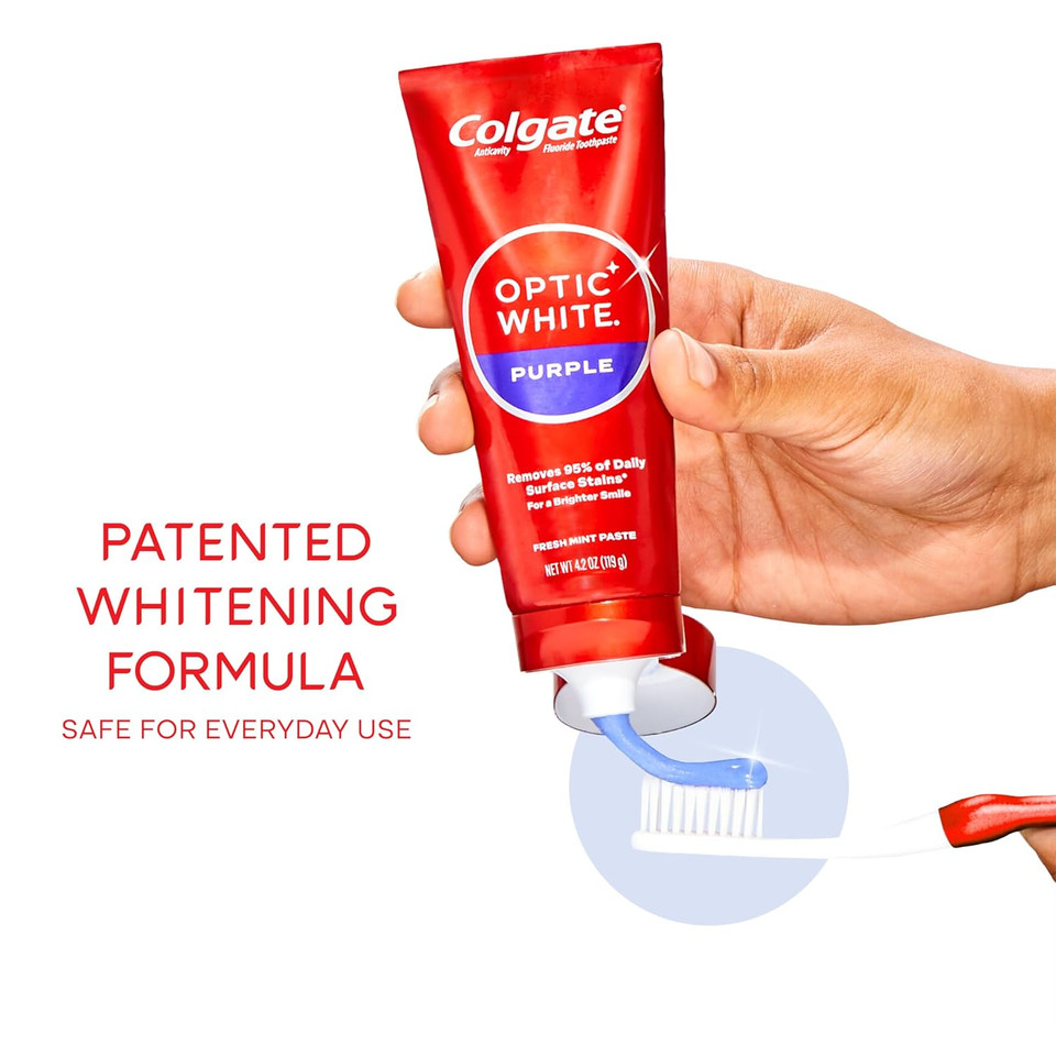 Colgate Optic White Purple Toothpaste For Teeth Whitening, Helps Remove Surface Stains And Polishes Teeth, Enamel-Safe Mint Paste, 4.2 Oz