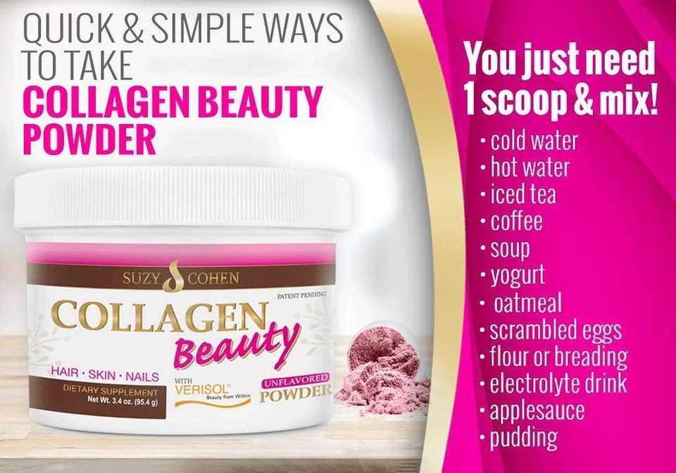 Collagen Beauty Powder By Suzy Cohen (3.3 Oz) Anti Aging Hydrolyzed Protein Collagen Powder Type I And Iii For Supple Skin, Shiny Hair & Strong Nails- Unflavored Powder Drink With Verisol- Made In Us