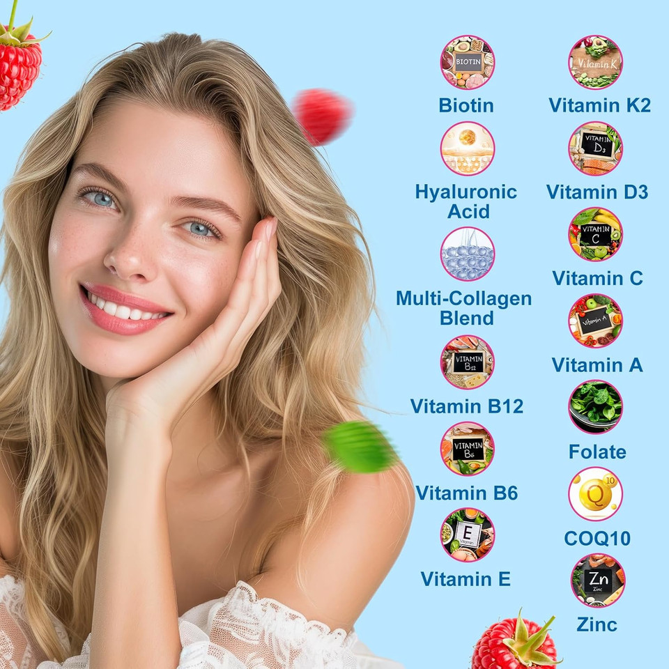 Collagen Gummies For Women Men - Multi Collagen Peptides Gummies With Biotin, Protein, Multivitamins For Hair Skin Nails, Immune Digestion, Joints Bones - Sugar Free Raspberry Flavor 60Ct