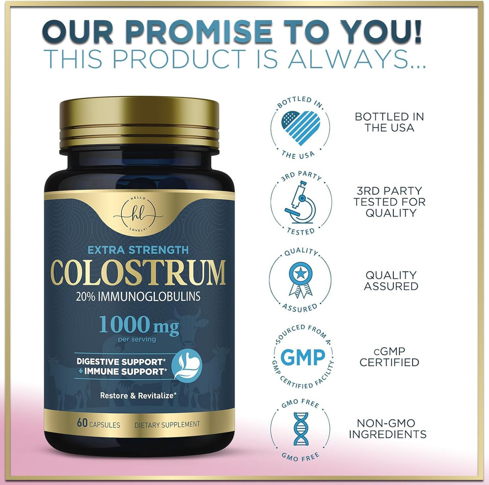 Colostrum For Women 1000Mg, 20% Igg Immunoglobulins - Gut Health, Immune Support, Muscle, Skin & Hair Growth, Bottled In The Usa, Bovine Colostrum Powder Supplement For Women & Men - 60 Capsules
