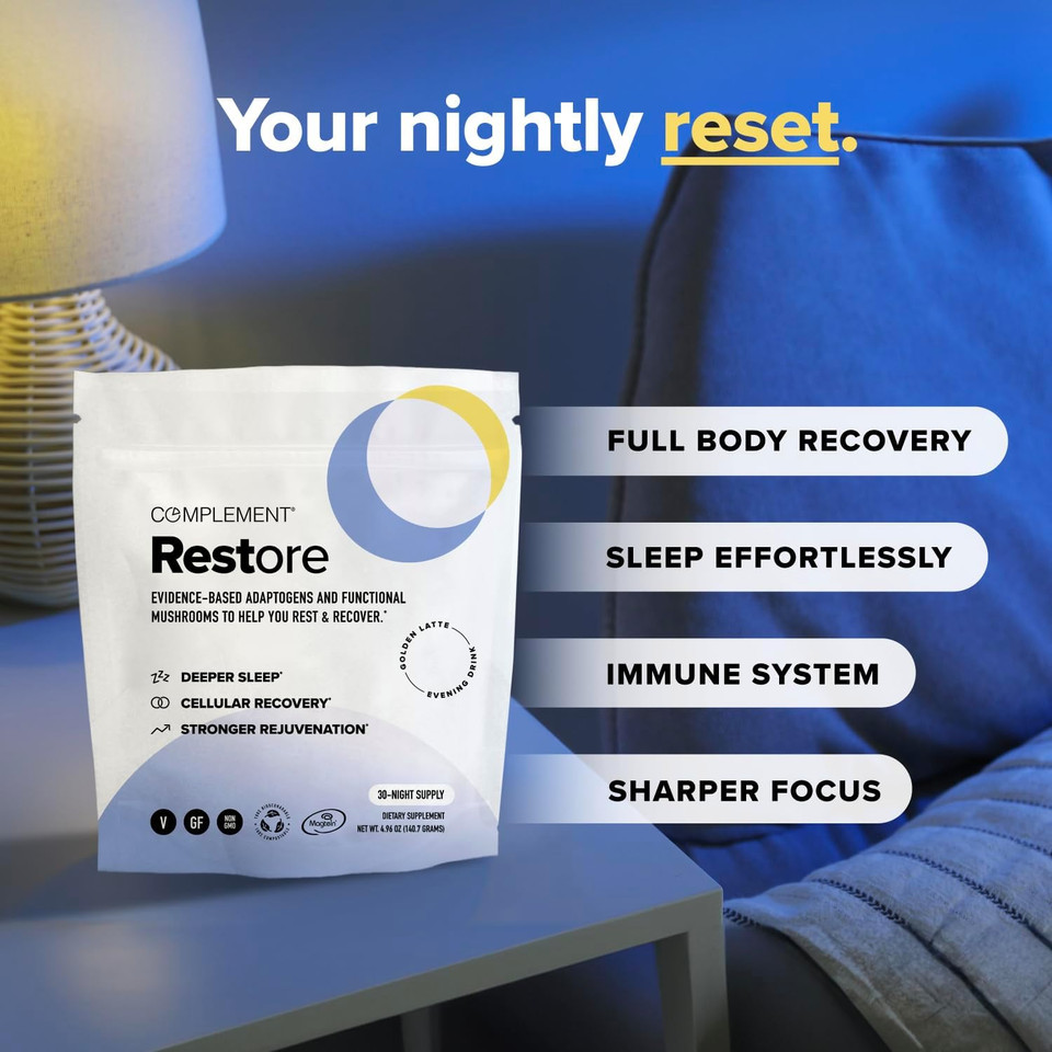 Complement Restore Golden Latte - Calm Magnesium Powder, Deep Sleep Aid Drink - Reishi, Ashwagandha, Valerian & L-Theanine - Nighttime Recovery, Relaxation Adaptogens Mix - No Melatonin (30 Servings)