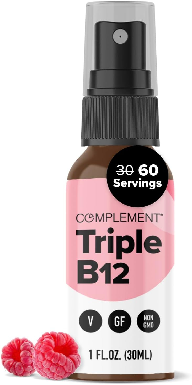 Complement Vegan Vitamin Triple B12 Liquid Spray- 1500 Mcg Blend (60 Servings) Raspberry Flavor- Enhanced Absorption, Energy, Mood, Nervous System, Cognitive Function For Kids & Adults