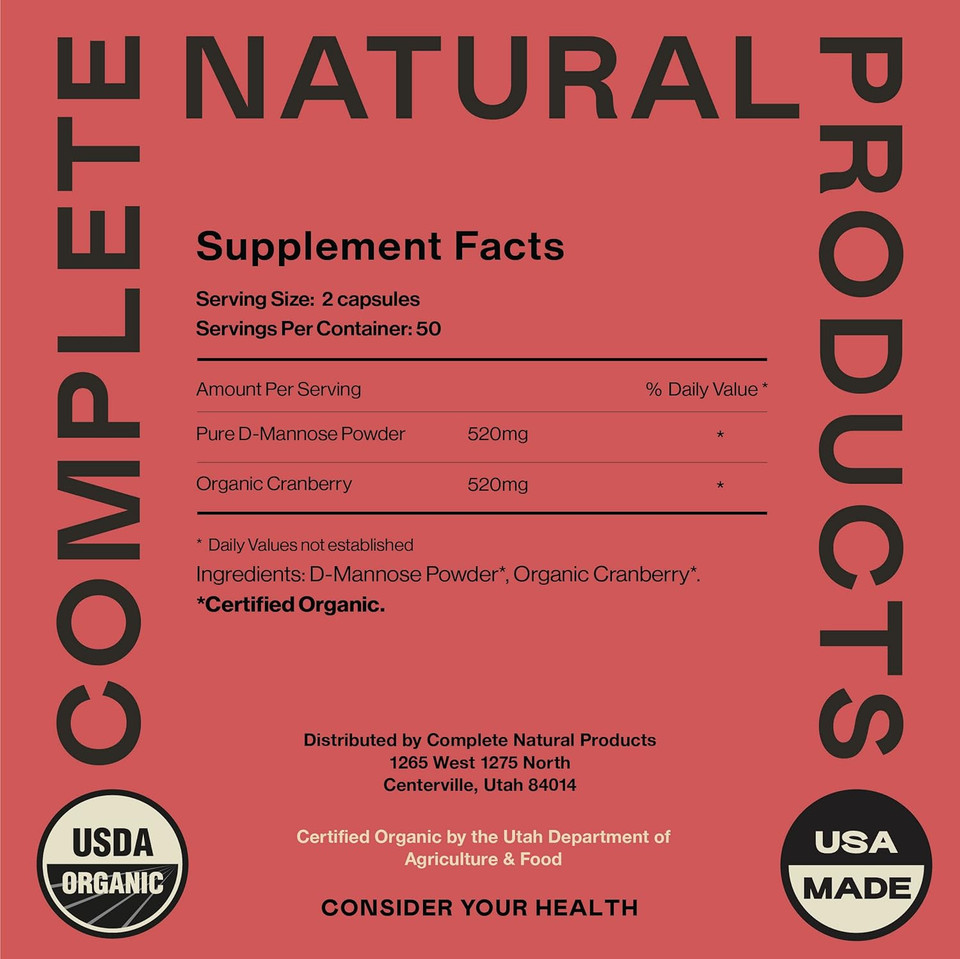 Complete Natural Products D-Mannose & Cranberry Capsules - 100 Capsules, 1040Mg Per Serving For Urinary Tract Health And Ut Flush