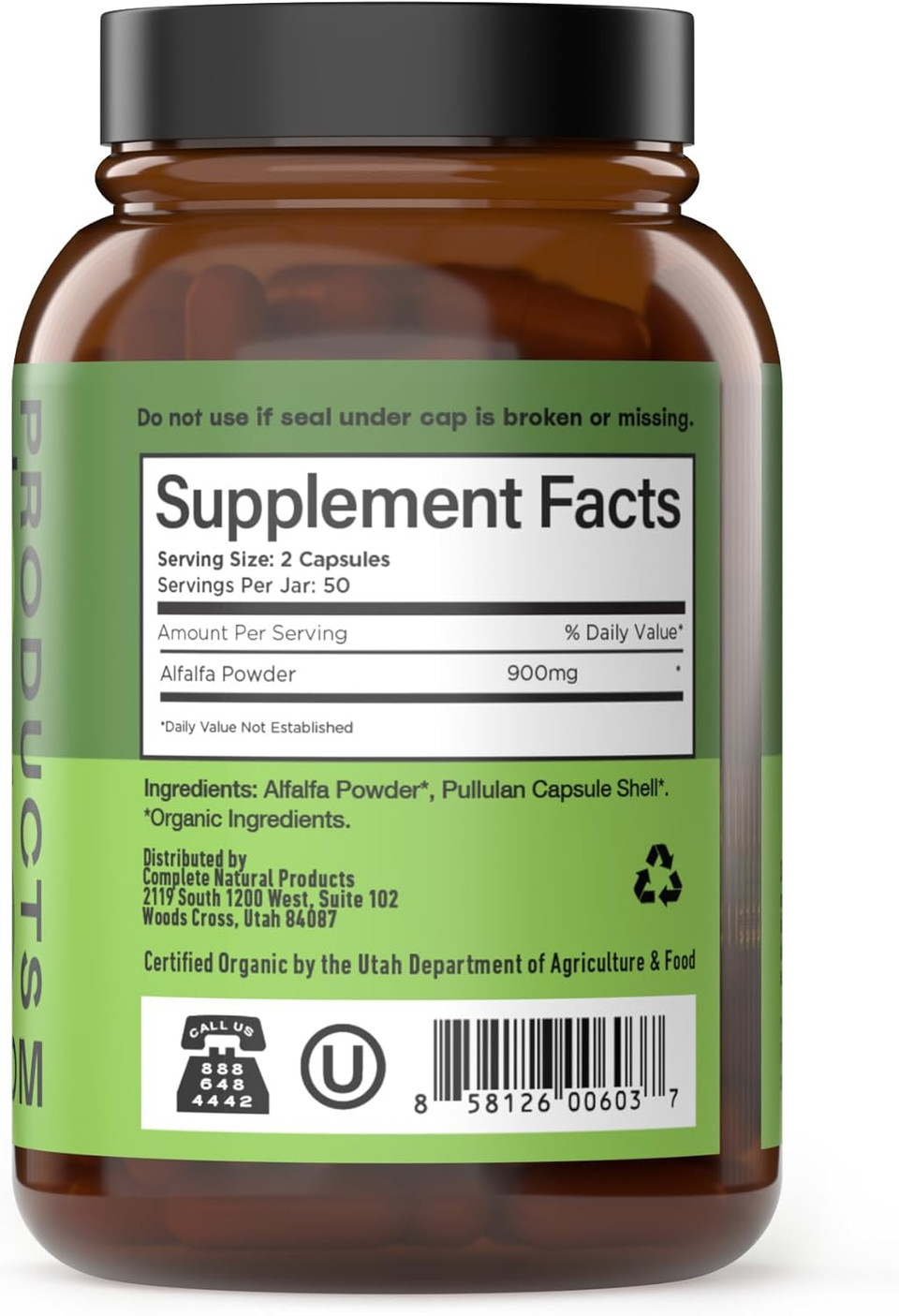 Complete Natural Products Pure Alfalfa Leaf - 100 Capsules - 630Mg Of Pure Dried Organic Alfalfa Leaf Powder In Veggie Capsules