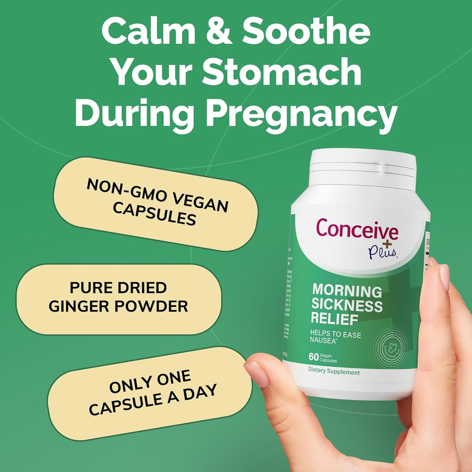 Conceive Plus Morning Sickness Relief - Pure Dried Ginger Powder - Relief From Nausea, Motion & Stomach Discomfort During Pregnancy - Essential For Expecting Moms - Non-Gmo - 60 Vegan Capsules