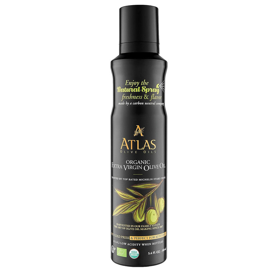 Cooking Oil By Atlas, Extra Virgin Olive Oil Spray, Dual Function Spray And Stream, 5.4 Fl Oz, Non Stick, Polyphenol Rich Moroccan Evoo, Cold Pressed, Hydroxytyrosol Keto