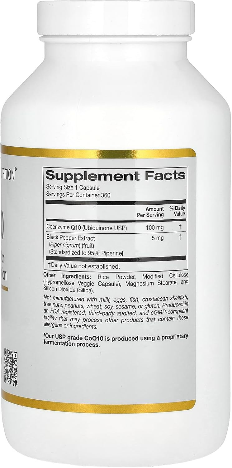 Coq10 100 Mg, Coenzyme Q10 Ubiquinone Usp With Bioperine Black Pepper For Enhanced Absorption, Supports Mitochondrial Function*, 360 Veggie Capsules
