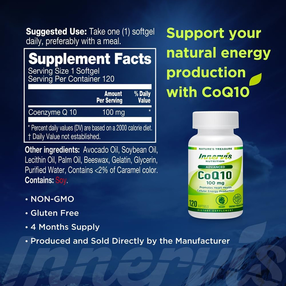 Coq10 100Mg 120 Softgels Promote Heart Health Energy Production Powerful Antioxidant Supplement