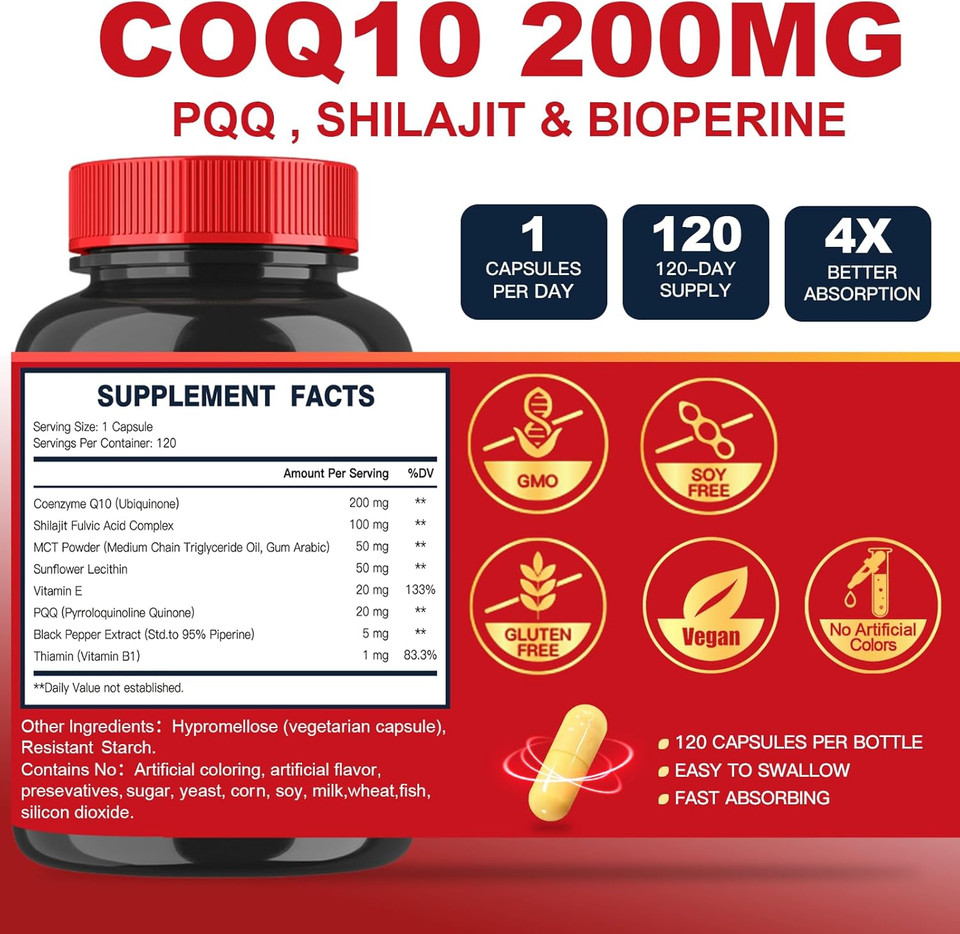 Coq10 200Mg With Pqq & Shilajit - High Absorption With Bioperine Coenzyme Q10 Supplements - Powerful Antioxidant For Heart & Brain Health And Energy-Production - 120 Veggie Capsules