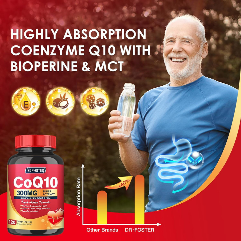 Coq10 300Mg With Pqq & Shilajit - Powerful Antioxidant For Heart & Brain Health And Energy Production - High Absorption With Bioperine Coenzyme Q10 Supplements - 120 Capsules