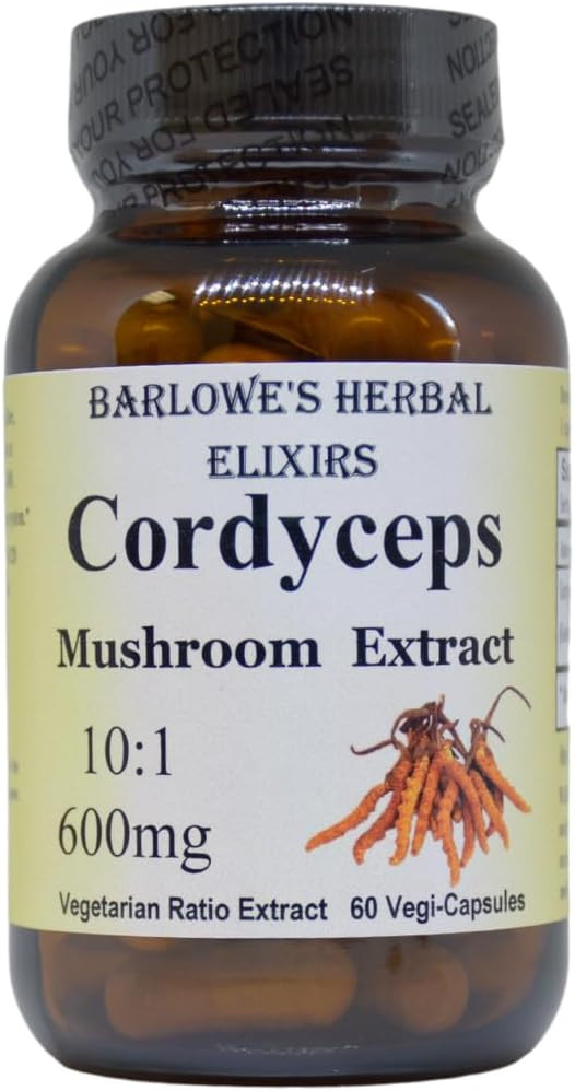 Cordyceps Mushroom | 10:1 Extract | Fruiting Body | 600Mg Per Capsule | Endurance Support | 60 Veggie Capsules | Stearate Free - Glass Bottled