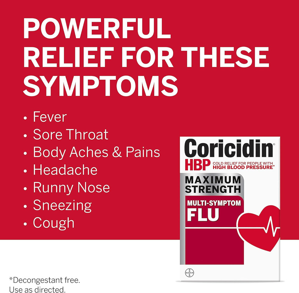 Coricidin Hbp, Decongestant-Free Cold Symptom Relief For People With High Blood Pressure, Maximum Strength Multi-Symptom Flu Tablets, 48 Count (2X24Ct)