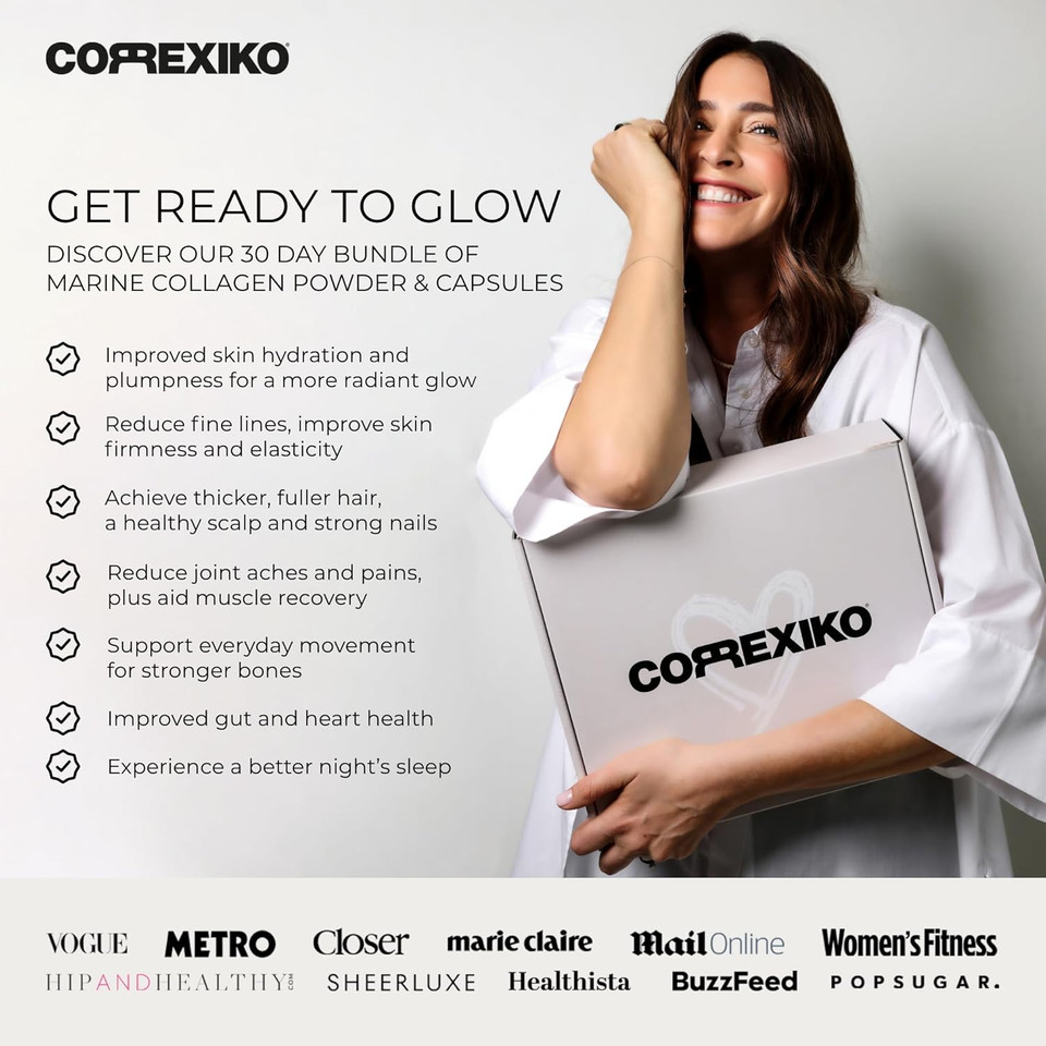 Correxiko Marine Collagen Supplement Pills & Powder Bundle 1 Month Supply - Includes 10,000Mg Double Hydrolyzed Collagen Powder 15Oz & 1800Mg Collagen Peptides 120 Capsules - For Hair, Skin & Nails