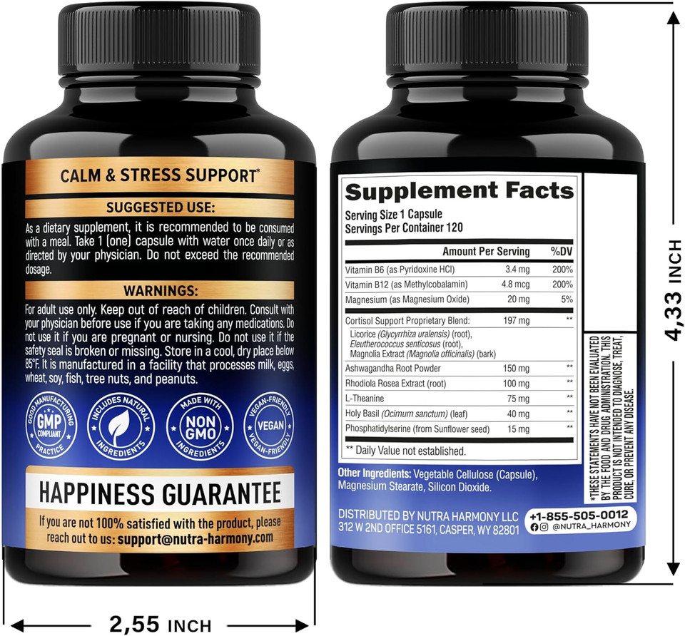 Cortisol Supplement For Women - Holy Basil | Ashwagandha | Rhodiola | L-Theanine - Plant-Based Hormone Balance - Mood, Focus & Sleep Support - Made In Usa - Vegan, Non-Gmo - 120 Capsules For 4 Months