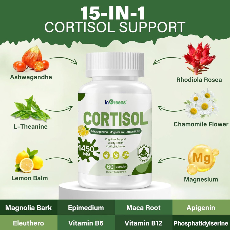 Cortisol Supplement, 15 In 1 Cortisol Manager With Ashwagandha, L-Theanine, Magnesium,Supports Cortisol Health & Relaxation,Stress Management & Restful Sleep, 60 Capsules
