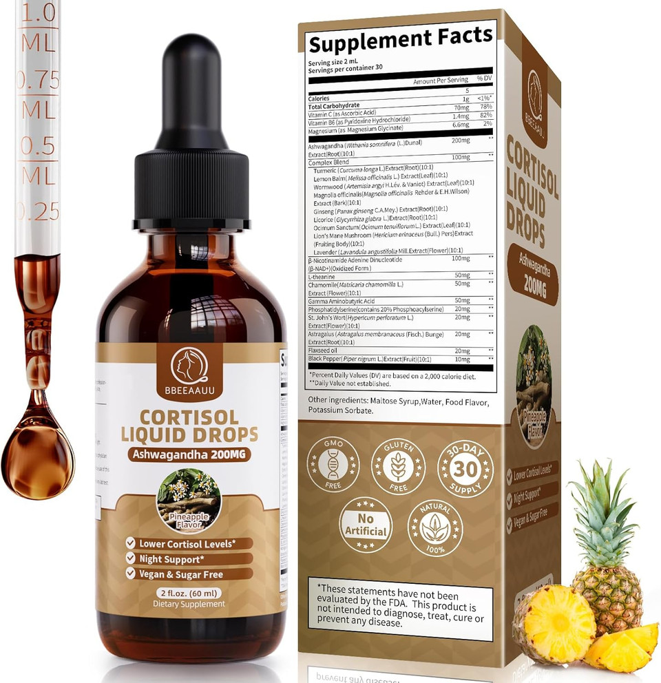 Cortisol Supplements For Women & Men, With 200Mg Ashwagandha, L-Theanine & Phosphatidylserine, 21-In-1 Cortisol Manager Reducer Liquid Drops, Support Night, Focus & Energy, Pineapple, 60Ml