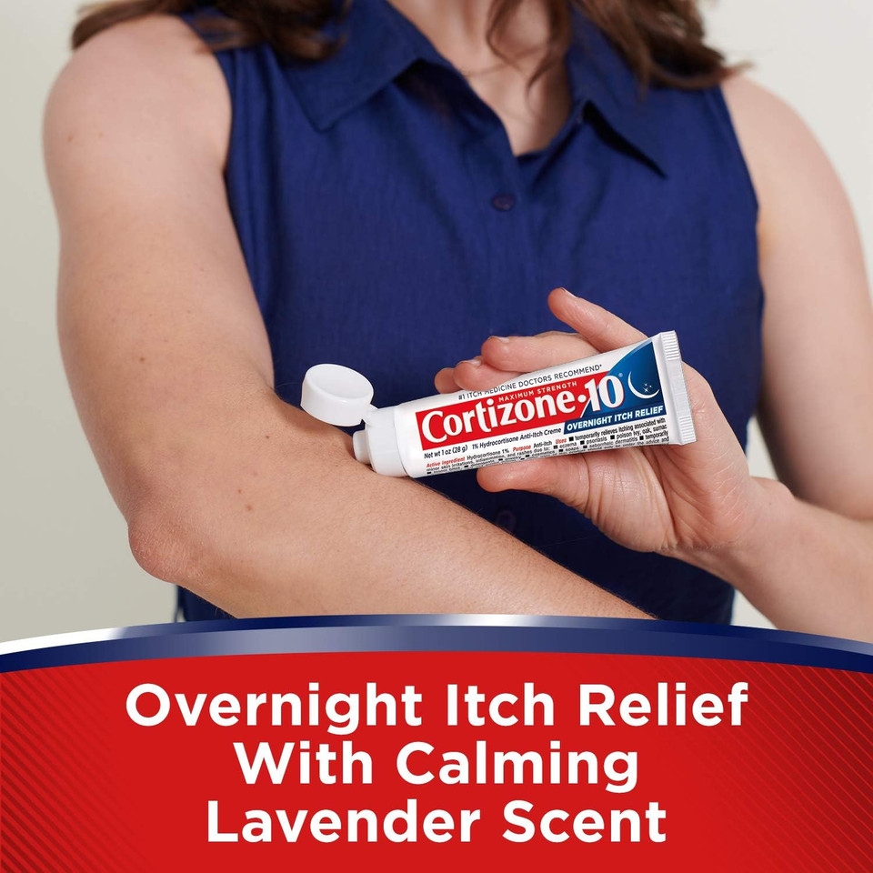 Cortizone-10 Maximum Strength Overnight Itch Relief Cream, 1% Hydrocortisone, Fast-Acting, Lavender Scented Anti-Itch Cream For Bug Bites, Rash, Eczema, Psoriasis, Poison Ivy, Oak, Sumac, 1 Oz