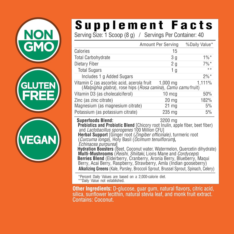 Country Farms Immune Defense Superfoods, Immune Support Supplement, Vitamin C With Black Elderberry, Echinacea, Turmeric, Supports Hydration, With Probiotics And Prebiotics, Berry Flavor, 60 Servings