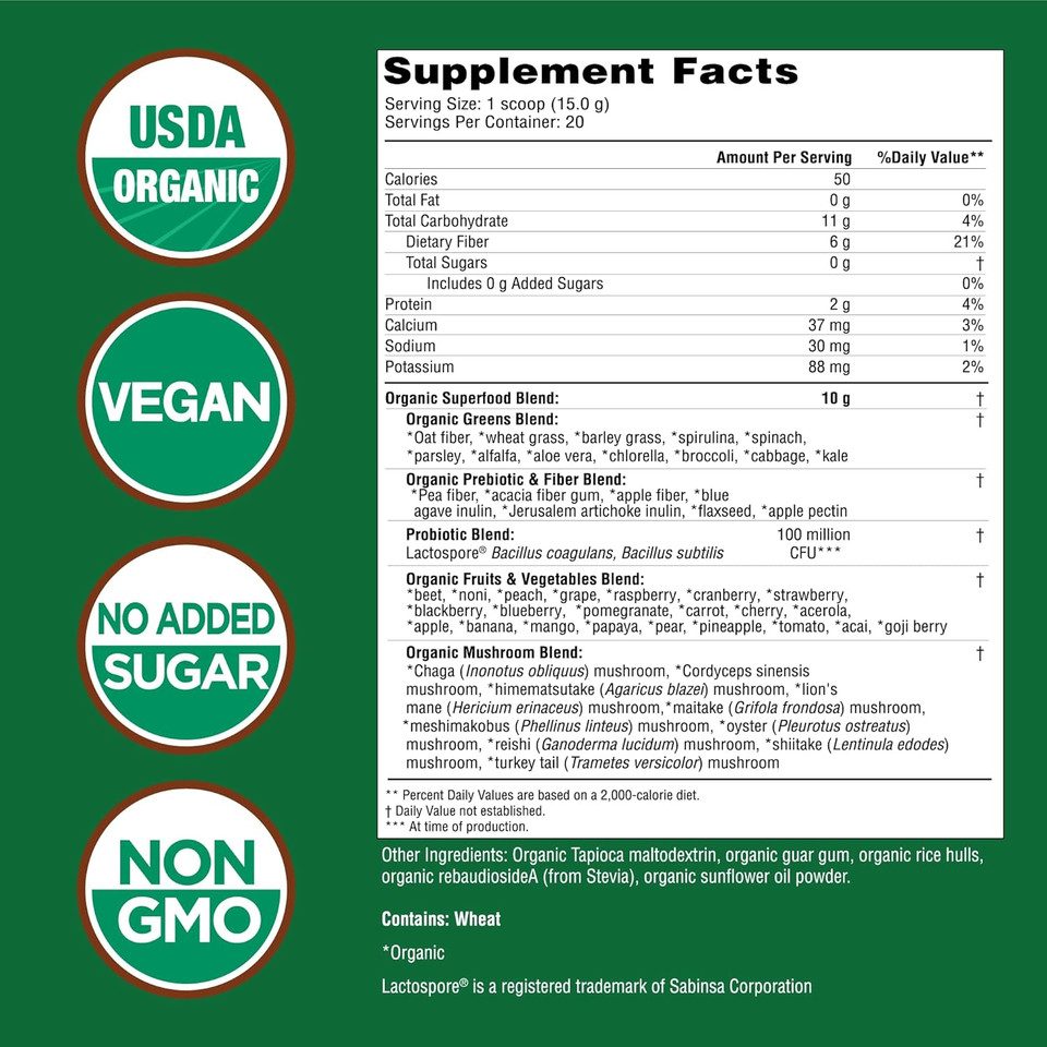 Country Farms Super Greens Natural Flavor, 50 Organic Super Foods, Usda Organic Drink Mix, Fruits, Vegetables, Super Greens, With Fiber, Mushrooms & Probiotics, Supports Energy, 60 Servings, 900G