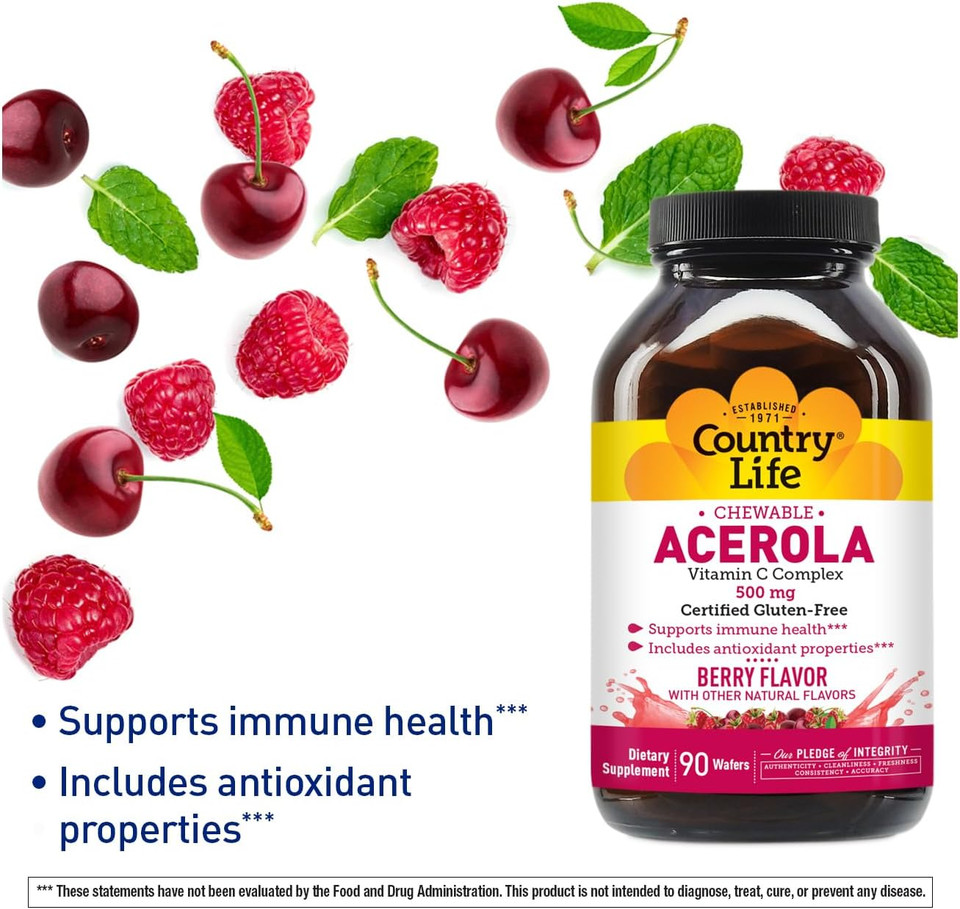 Country Life Acerola Vitamin C Complex, 500Mg, Chewable Berry Flavored Wafers, Supports Immune Health, 180 Wafers, Certified Gluten Free By Gfco , Certified Vegan By Ava