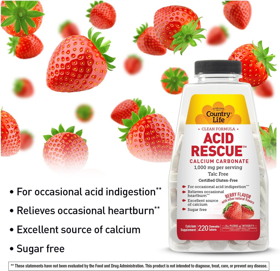 Country Life Acid Rescue Chewable Tablets - Certified Vegan & Gluten-Free Heartburn Relief, 400Mg Calcium & Magnesium, Non-Gmo, Sugar-Free Mint Flavor, Supports Bone Health, 220 Count