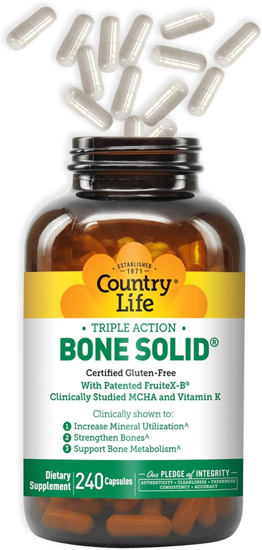 Country Life Bone Solid - Bone Health Supplement With Microcrystalline Hydroxyapatite (Mcha), Calcium, Magnesium, Zinc, Vitamins K2 & D3 For Enhanced Bone Strength & Metabolism - 180 Capsules