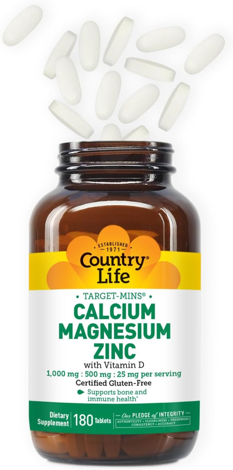 Country Life Calcium Magnesium Zinc With Vitamin D3 And L-Glutamic Acid, Dietary Supplement For Bone Support, Certified Gluten Free, 1000Mg/500Mg/50Mg, 250 Tablets