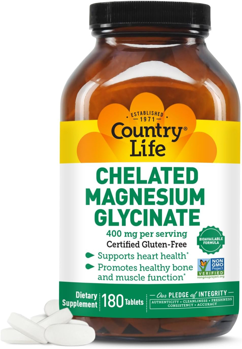Country Life Chelated Magnesium Glycinate 400Mg, 90 Tablets, Certified Gluten Free, Certified Vegan, Certified Halal, Non-Gmo Verified